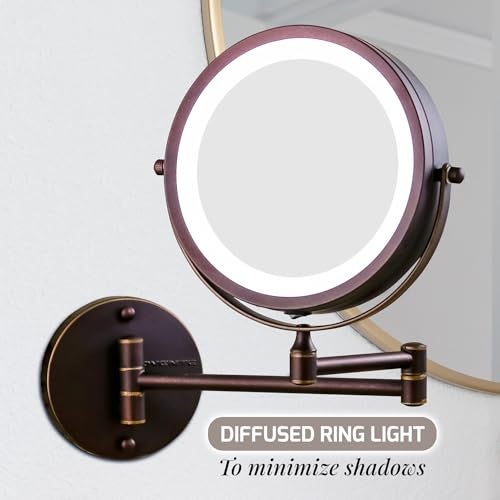 Ovente مرآة مكياج مضاءة مثبتة على الحائط من OVENTE، 7" مزدوجة الجوانب 1X/10X مكبرة لحمام مع أضواء LED، بدون سلك، دوران 360° وذراع قابلة للتمديد 13"، برونزي عتيق MFW70ABZ1X10X - Image 5