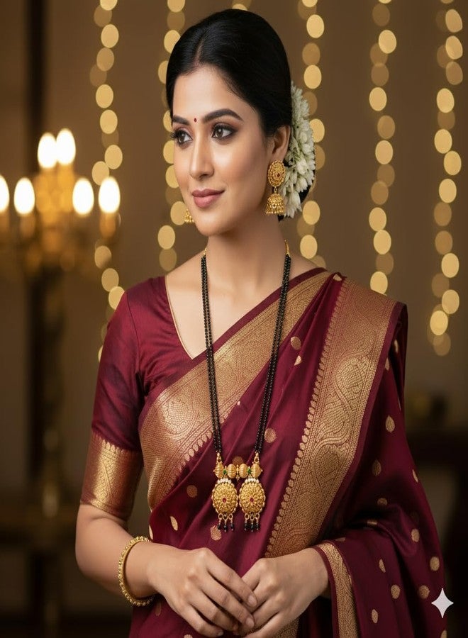 قلادة مانجالسوترا تقليدية من ولاية ماهاراشترا من AAIKU | سلسلة طويلة مطلية بالذهب مع خرز أسود | قلادة أنيقة من Tanmaniya Nallapusalu للنساء والفتيات (30 بوصة - 4 خطوط) - Image 2