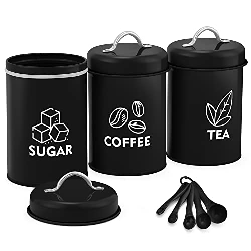 LIANYU 8 Piece Canister for Kitchen Counter, Large Food Kitchen Coffee Tea Sugar Metal Canisters Set with Spoons, Rustic Farmhouse Storage Set, Black - Image 1