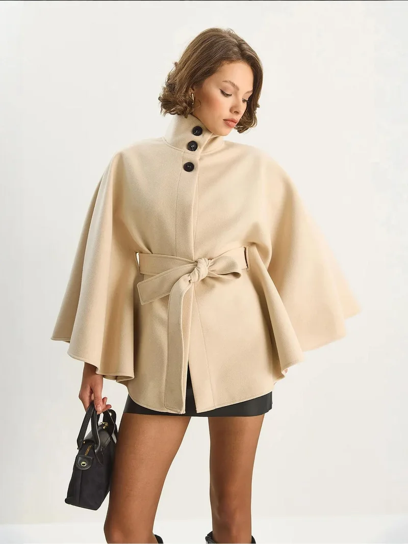 Bianco Lucci LUCCI Poncho Coat with Tie Closure
