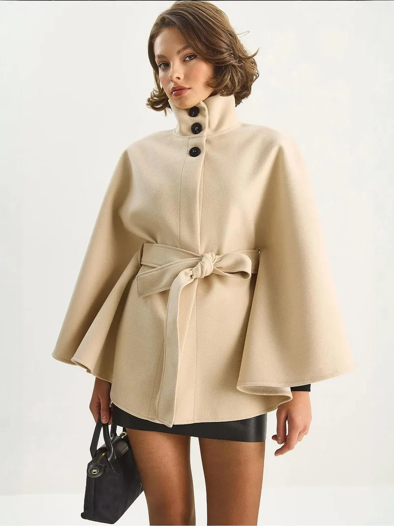 Bianco Lucci LUCCI Poncho Coat with Tie Closure