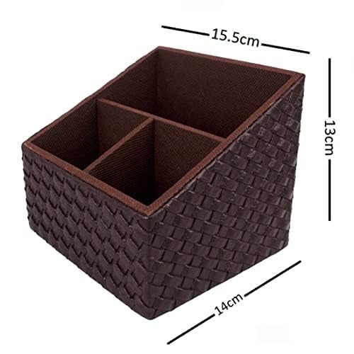 Premsons® Remote Holder – 3-Compartment Braided Vegan Leather Organizer | Leatherette Stationery & Remote Stand for Living Room, Office, Bedroom, Kitchen – Brown - Image 5