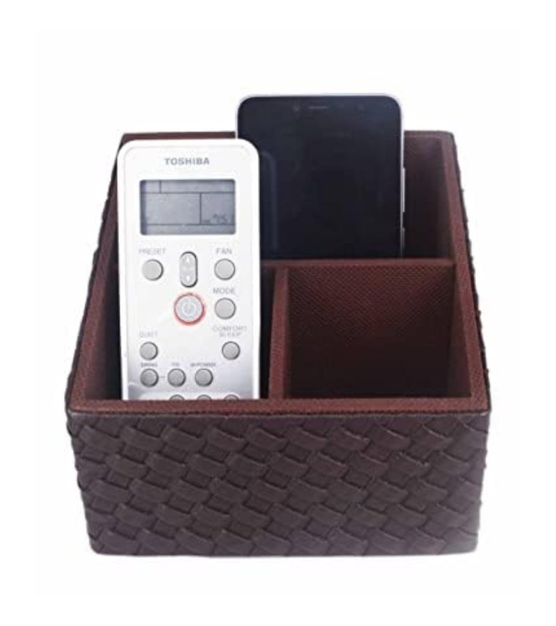Premsons® Remote Holder – 3-Compartment Braided Vegan Leather Organizer | Leatherette Stationery & Remote Stand for Living Room, Office, Bedroom, Kitchen – Brown - Image 1