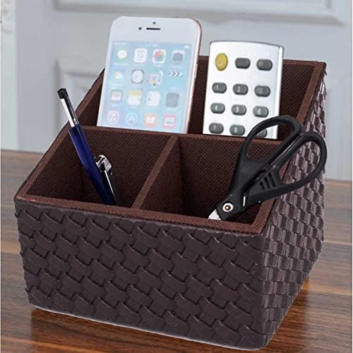 Premsons® Remote Holder – 3-Compartment Braided Vegan Leather Organizer | Leatherette Stationery & Remote Stand for Living Room, Office, Bedroom, Kitchen – Brown - Image 2