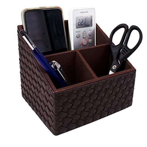 Premsons® Remote Holder – 3-Compartment Braided Vegan Leather Organizer | Leatherette Stationery & Remote Stand for Living Room, Office, Bedroom, Kitchen – Brown - Image 4