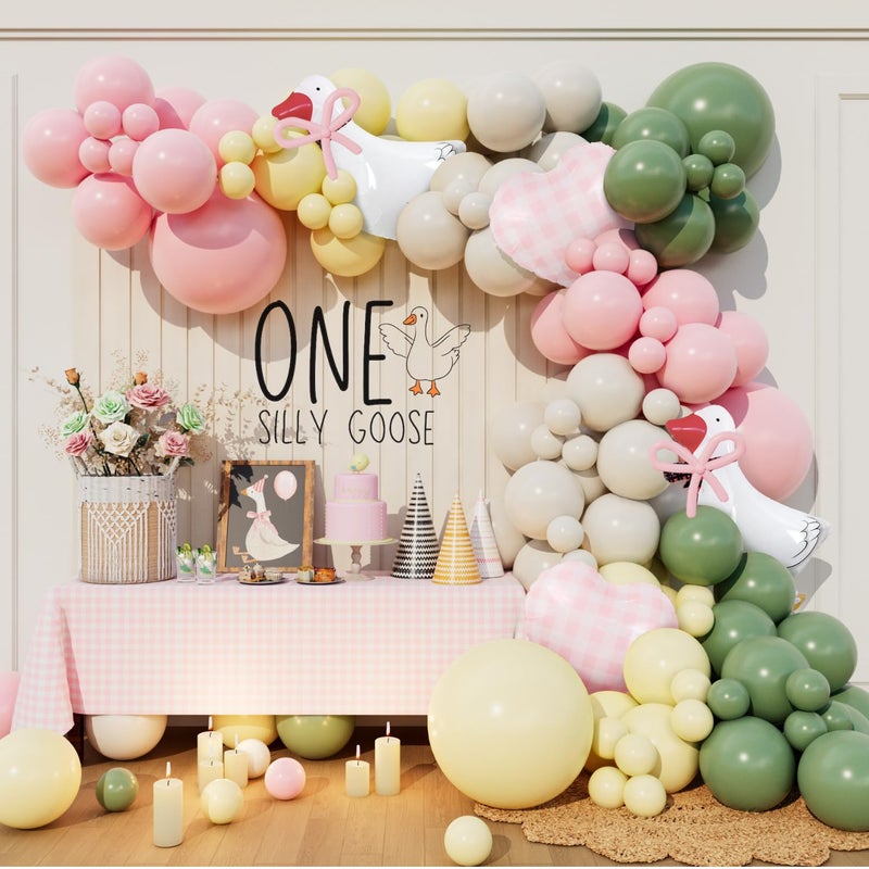 Beaumode One Silly Goose Balloon Arch Kit with Walking Goose and Gingham Foil Balloons for Boys Girls Goose First Birthday Baby Shower Vintage Pink Blue Green Yellow Gingham Party Decorations Pink - Image 3