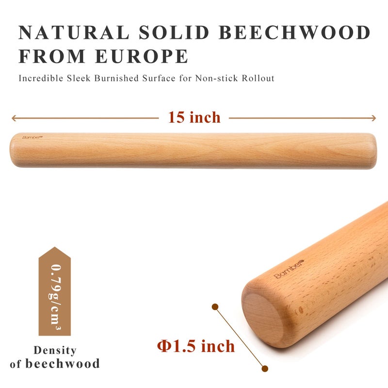 Bamber Wood Rolling Pin for Baking Wooden Rolling Dowel Stick Dough Roller for Cookie Dumpling Pastry Pizza Tortilla, 15'' by 1.5'' - Image 2