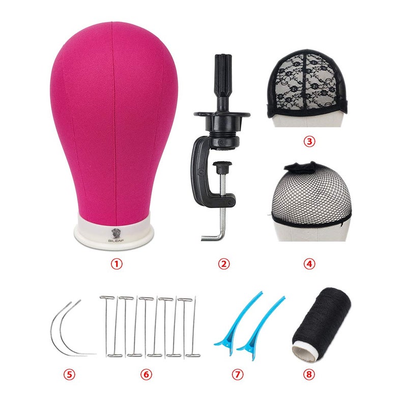 Bileaf 24 Inch Poly Canvas Block Wig Mannequin Head Set with Stand - Pink Styling Manikin Head Display with Mount Holes - Image 1