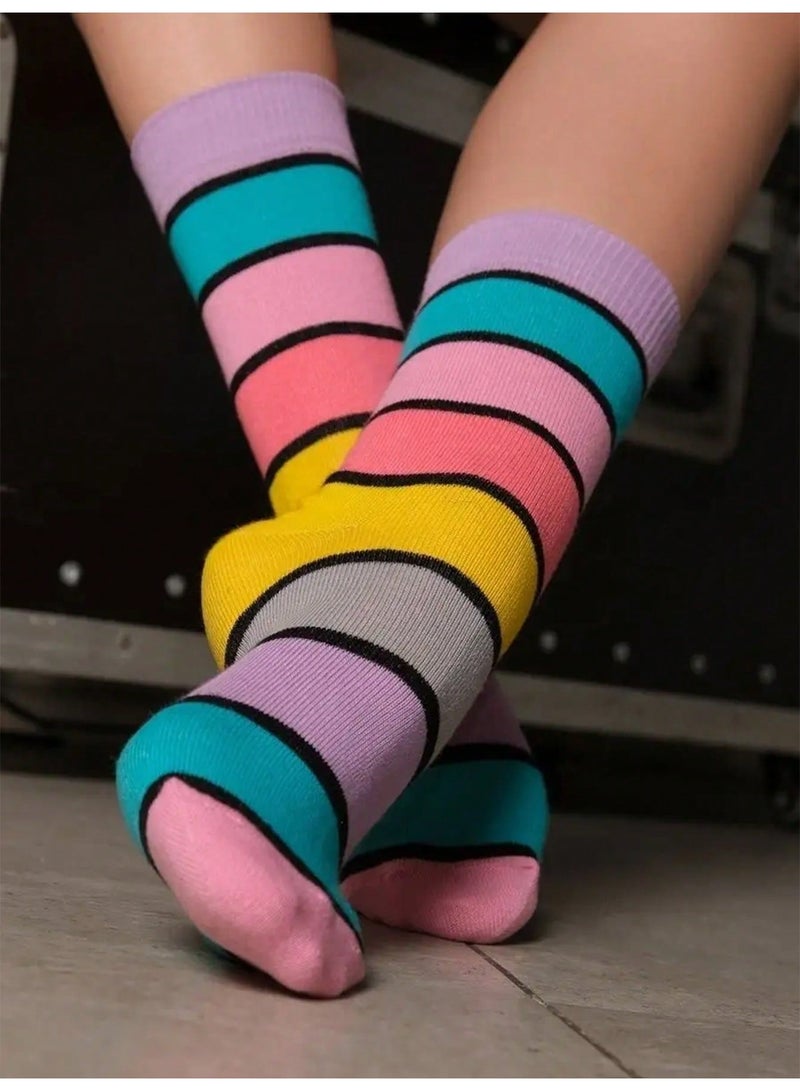 Women’s Crew Socks 1 Pair Colorful Striped Mid-Calf Casual Socks, Breathable Sporty Everyday Socks for Students, College, Home and Office, Size 36-39 - Image 1