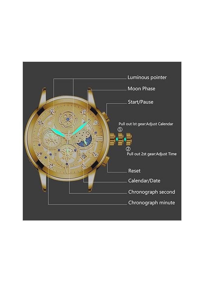 Nala ساعة فاخرة للرجال بتقنية مراحل القمر، ساعة يد كرونوغراف متعددة الوظائف، مزودة بقرص مضيء، مقاومة للماء، بحزام من الفولاذ المقاوم للصدأ - Image 5