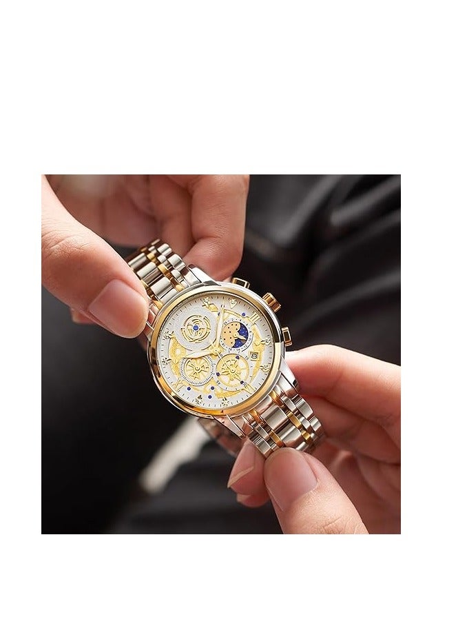 Nala ساعة فاخرة للرجال بتقنية مراحل القمر، ساعة يد كرونوغراف متعددة الوظائف، مزودة بقرص مضيء، مقاومة للماء، بحزام من الفولاذ المقاوم للصدأ - Image 4