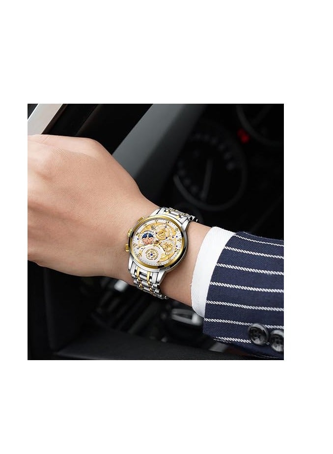 Nala ساعة فاخرة للرجال بتقنية مراحل القمر، ساعة يد كرونوغراف متعددة الوظائف، مزودة بقرص مضيء، مقاومة للماء، بحزام من الفولاذ المقاوم للصدأ - Image 2