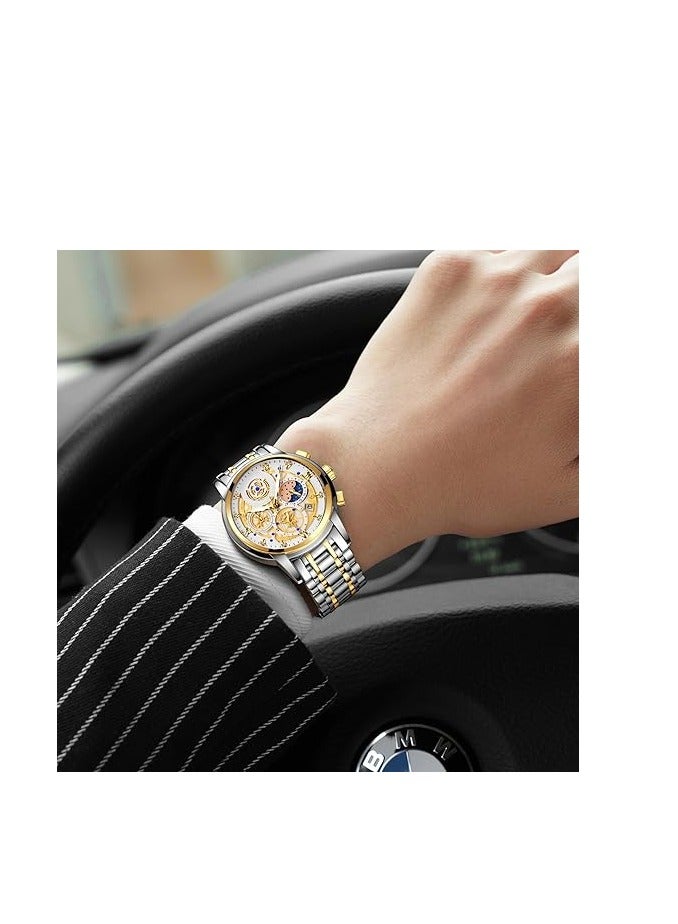 Nala ساعة فاخرة للرجال بتقنية مراحل القمر، ساعة يد كرونوغراف متعددة الوظائف، مزودة بقرص مضيء، مقاومة للماء، بحزام من الفولاذ المقاوم للصدأ - Image 3