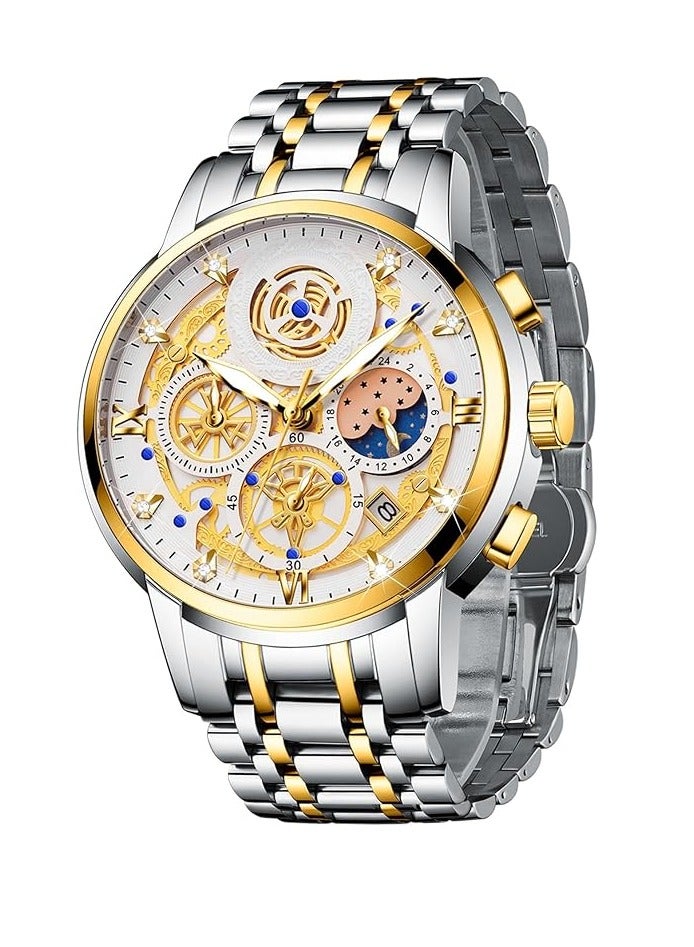 Nala ساعة فاخرة للرجال بتقنية مراحل القمر، ساعة يد كرونوغراف متعددة الوظائف، مزودة بقرص مضيء، مقاومة للماء، بحزام من الفولاذ المقاوم للصدأ - Image 1