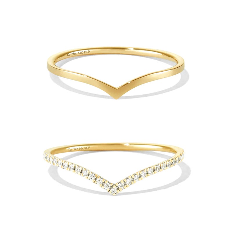 Kainier 2pairs Stacking Rings for Women 1mm 14K Gold Plated CZ V-Shaped Wavy Band Thin Pinky Thumb Stackable Ring Set Dainty Non Tarnish Comfort Fit Size 5 to 10 - Image 1