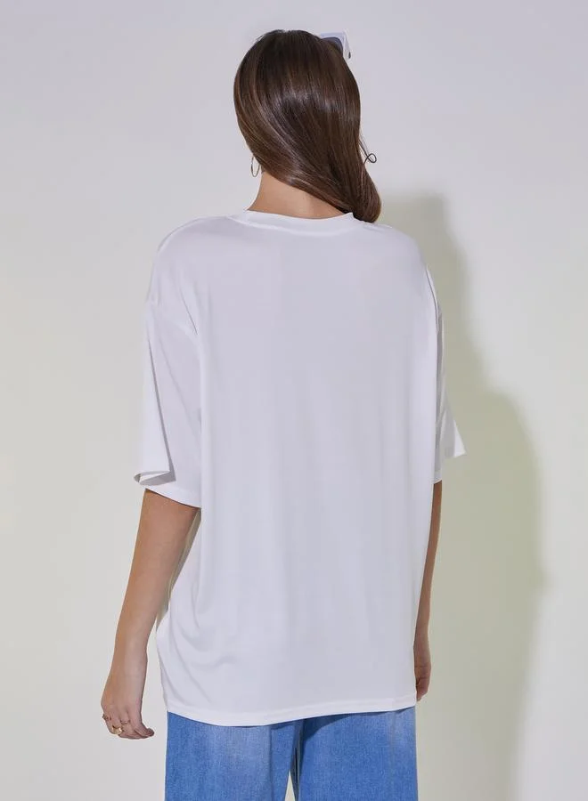 تايك تو Graphic Print Round Neck Oversized T-Shirt