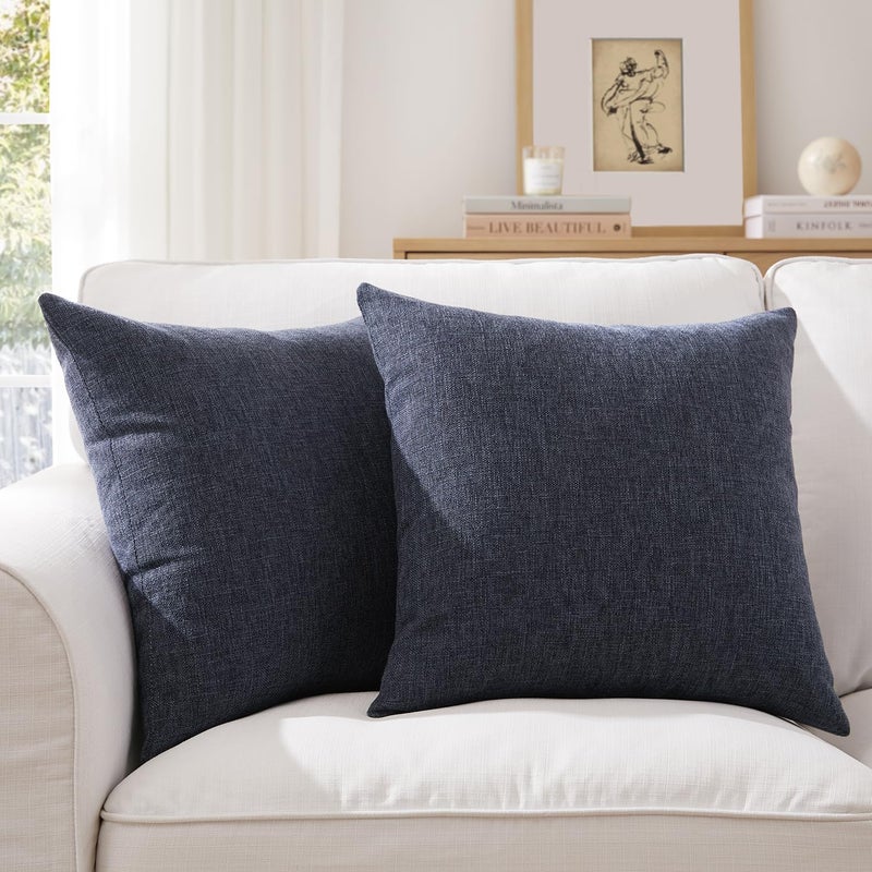 Meekio Set of 2 Dark Blue Pillow Covers 18 x 18 Inch Farmhouse Boho Decorative Throw Pillow Covers Linen Cushion Covers for Sofa Couch D?cor - Image 1