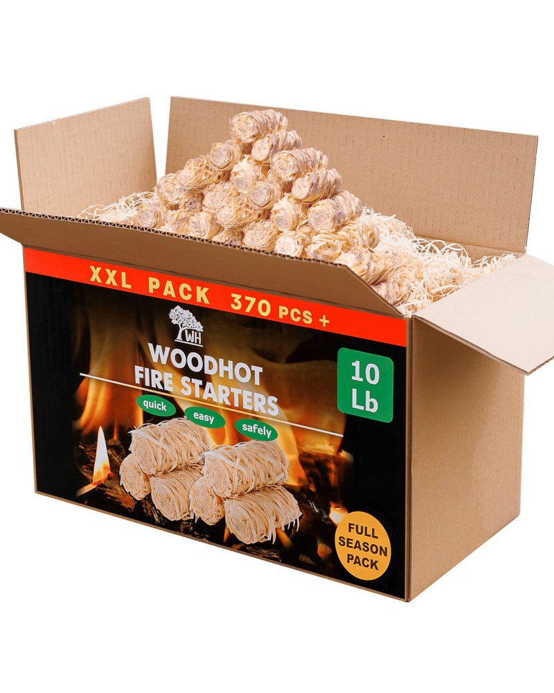 مشعلات النار الطبيعية WH للتخييم والشواء 10 رطل 370 قطعة صندوق كبير مشعلات الفحم طويلة الاحتراق مشعلات خالية من الرائحة لمدفأة النار الخارجية الاشتعال السريع