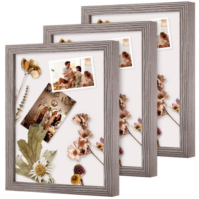 8X10 SHADOW BOX FRAME WOOD 3D PICTURE FRAME WIF GLASS COVER DISPLAY CASE FOR WALLHANGING OR FREESTANDING PICTURE SHOWCASE SET OF 3 TEXTURE GRAY