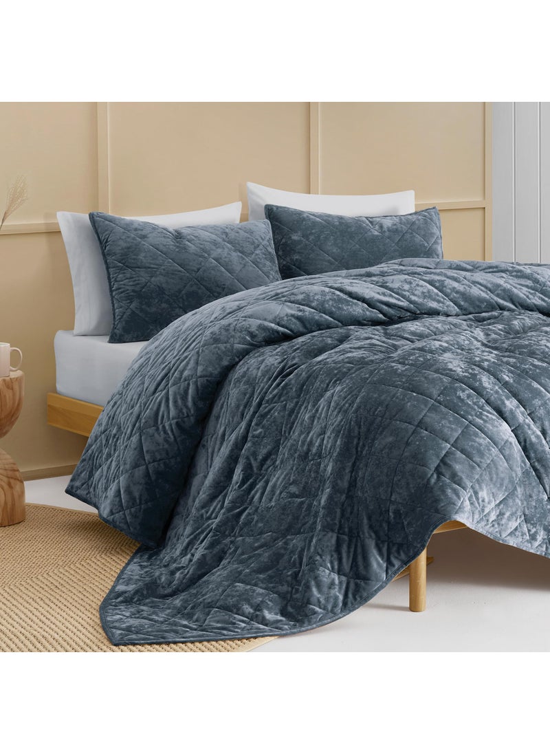 SHALALA NEW YORK SHALALA Luxury Velvet Quilt Set King SizeUltra Soft Lightweight Summer Velvet Comforter Set Oversized Bedspread Coverlet with 2 Shams Diamond Patternfor All SeasonLake BlueKing 