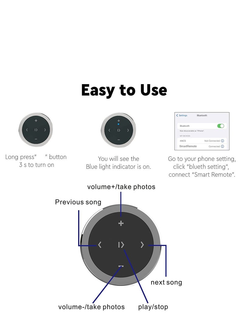 SYOSI - Bluetooth Remote Control, Waterproof Media Button, Remote Selfie Control Car Motorcycle Steering Wheel Music, for iPhone or Android with Mount, Black - Image 1