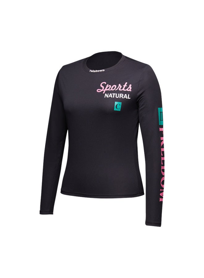 Crewneck Printed Sports Top Women's Slim-fit Slimming Long-sleeved T-shirt Quick-drying Tight-fit Running Training Yoga Fitness Suit