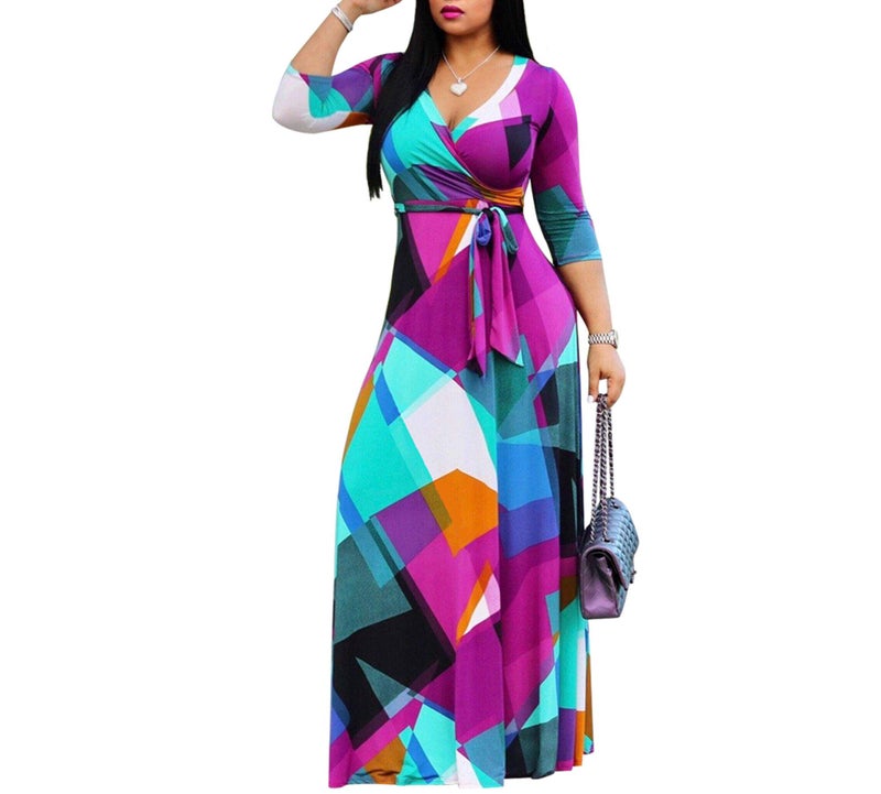 FANDEE Plus Size Maxi Dress for Women Casual Summer Sundress V-Neck 3/4 Sleeve(Multicoloured,X-Large) - Image 1
