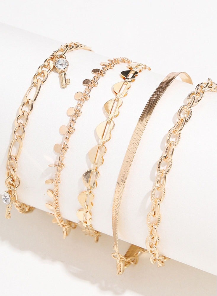 Eid & Wedding Gift Set - 5PCS Luxury Gold Heart Anklets for Women/Girls | Adjustable Boho Fashion Jewelry with Gift Box (Hypoallergenic, Gold Tone) - Image 2