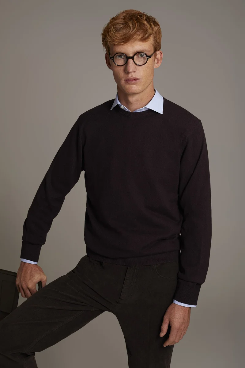 Wool blend round neck sweater - Brown