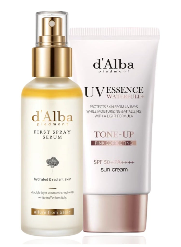 d'Alba Dullness, Uneven Skin Tone & Daily UV Damage Solution Set – d’Alba White Truffle First Spray Serum & Waterfull Tone-Up Sunscreen SPF50+ Hydration, Brightening & Glass Skin Protection Duo - Image 1