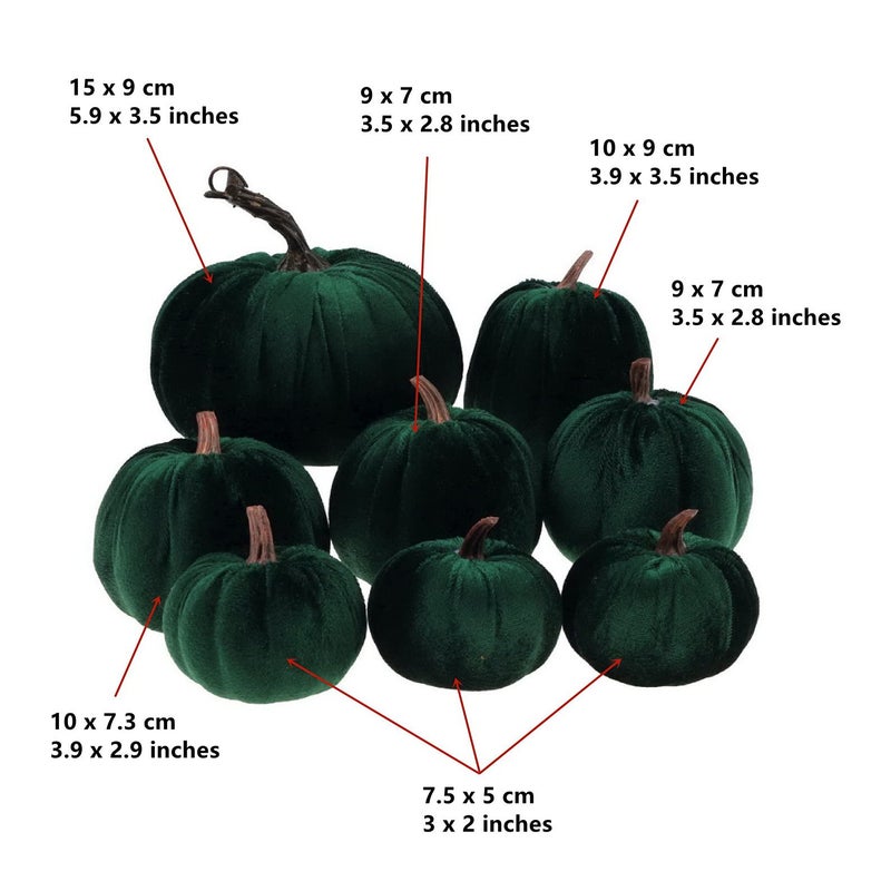Gresorth قرع مخملي أخضر مزيف مصنوع يدويًا 8 قطع بأحجام متنوعة لتزيين عيد الهالوين وجمع المحاصيل في المنزل والمطبخ والمزرعة واحتفالات عيد الشكر والزفاف. - Image 3