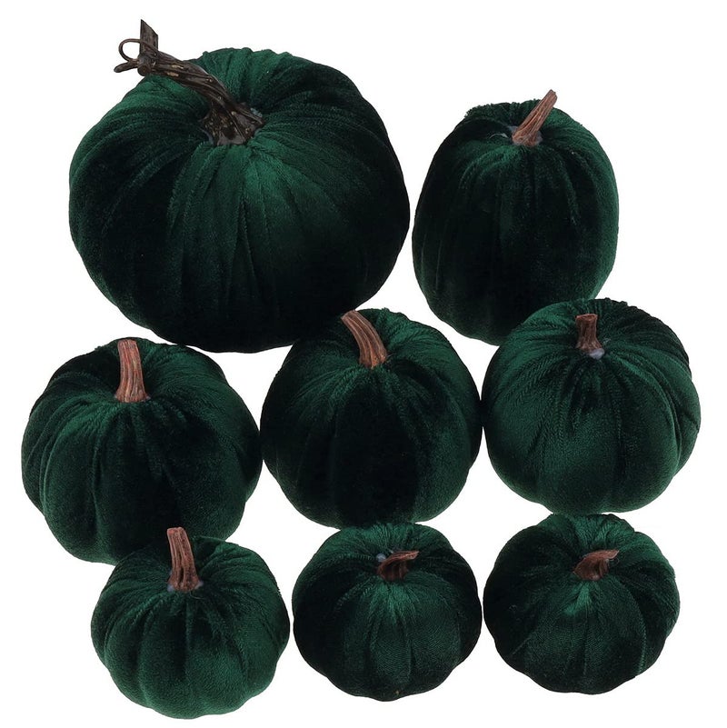 Gresorth قرع مخملي أخضر مزيف مصنوع يدويًا 8 قطع بأحجام متنوعة لتزيين عيد الهالوين وجمع المحاصيل في المنزل والمطبخ والمزرعة واحتفالات عيد الشكر والزفاف. - Image 2