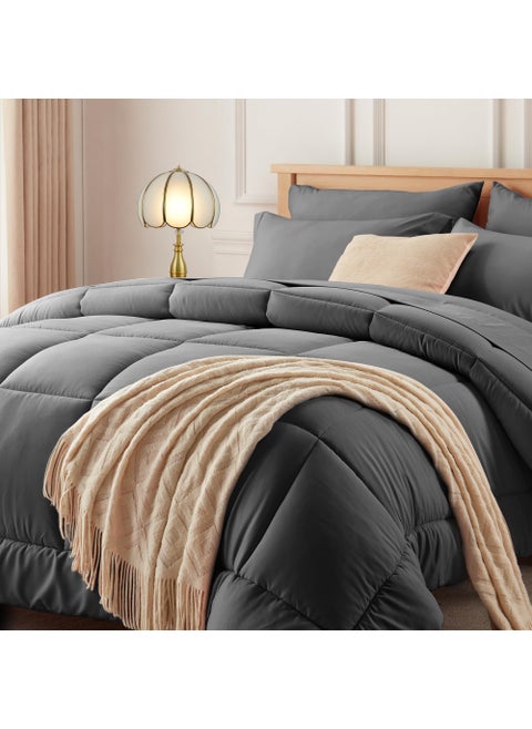 Newspin California King Bed in a Bag Bedding Set - 7 Pieces Dark Grey All Season Comforter Set  Ultra Soft Bedding Comforter Set with Comforter  Flat Sheet  Fitted Sheet  Pillowcases & Shams