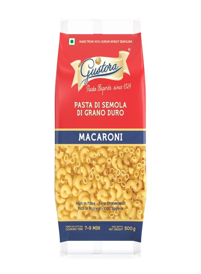 GUSTORA Macaroni Pasta, 500gm I Macroni Pasta Made of Durum Wheat Semolina I Rich in Protein & Fibre I Zero cholesterol I Vegetarian I No Trans-Fat I Cooking Time 10 Min (500g) - Image 1