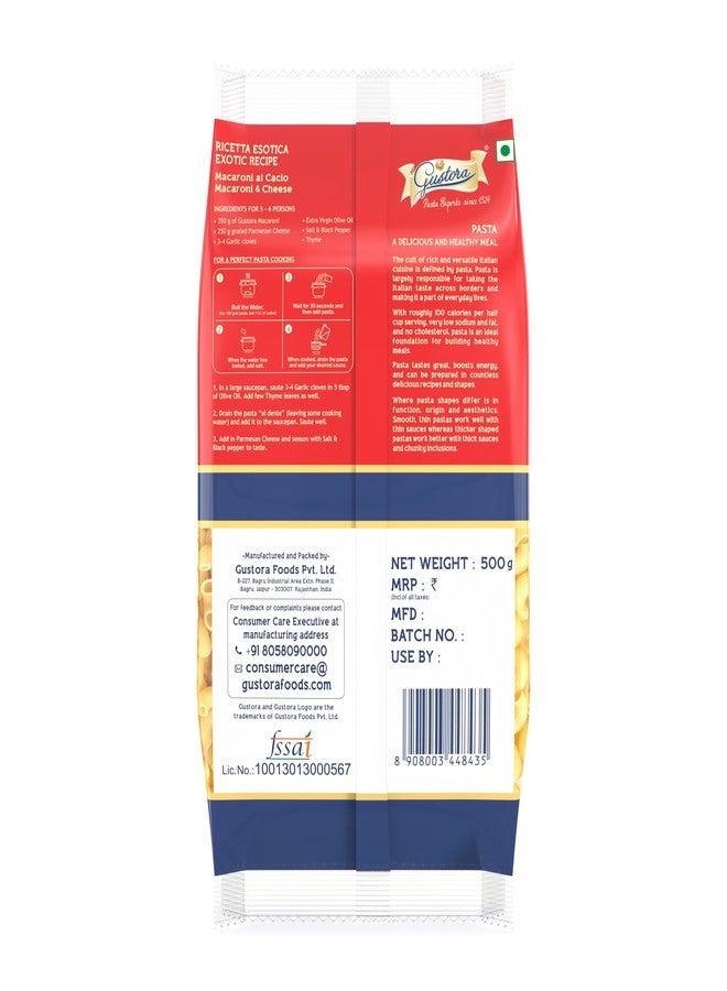 GUSTORA Macaroni Pasta, 500gm I Macroni Pasta Made of Durum Wheat Semolina I Rich in Protein & Fibre I Zero cholesterol I Vegetarian I No Trans-Fat I Cooking Time 10 Min (500g) - Image 2