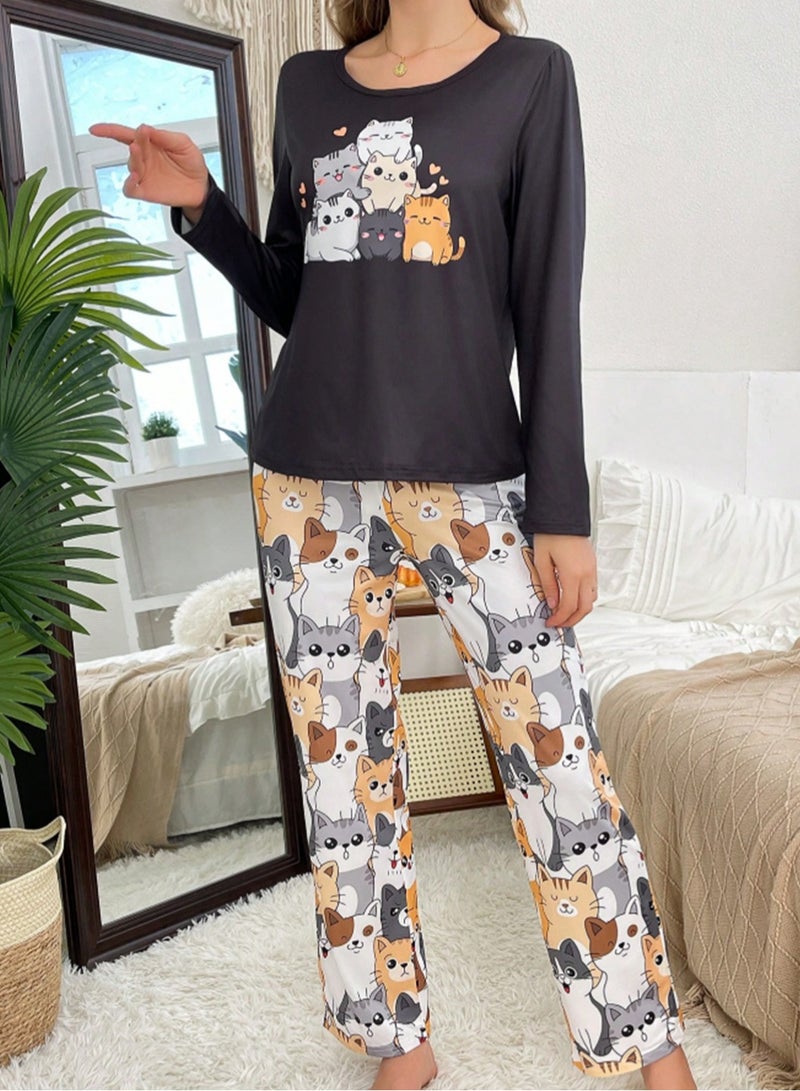 MANIKAN Women’s Pajama Set with Long Sleeves and Cat Print Pants  - Image 1