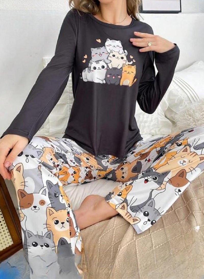 MANIKAN Women’s Pajama Set with Long Sleeves and Cat Print Pants  - Image 2