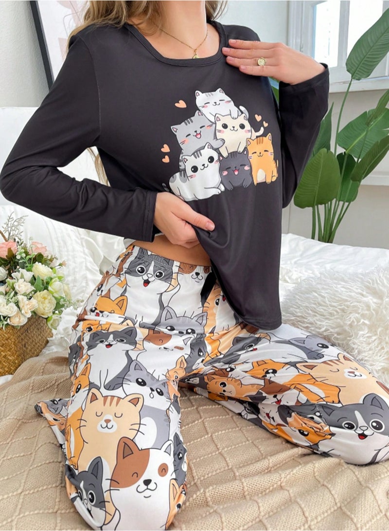 MANIKAN Women’s Pajama Set with Long Sleeves and Cat Print Pants  - Image 4