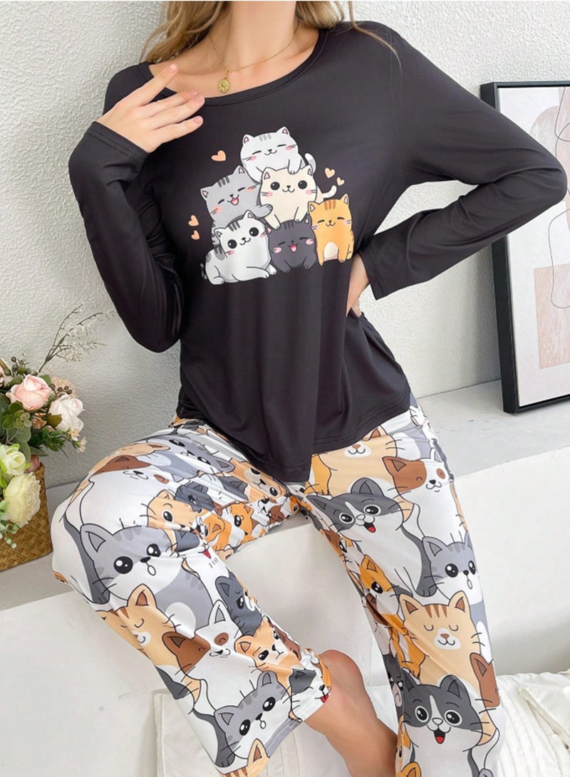 MANIKAN Women’s Pajama Set with Long Sleeves and Cat Print Pants  - Image 3