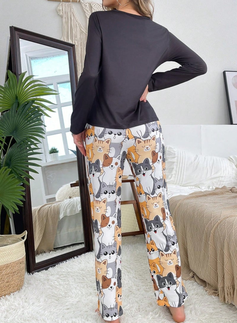 MANIKAN Women’s Pajama Set with Long Sleeves and Cat Print Pants  - Image 5