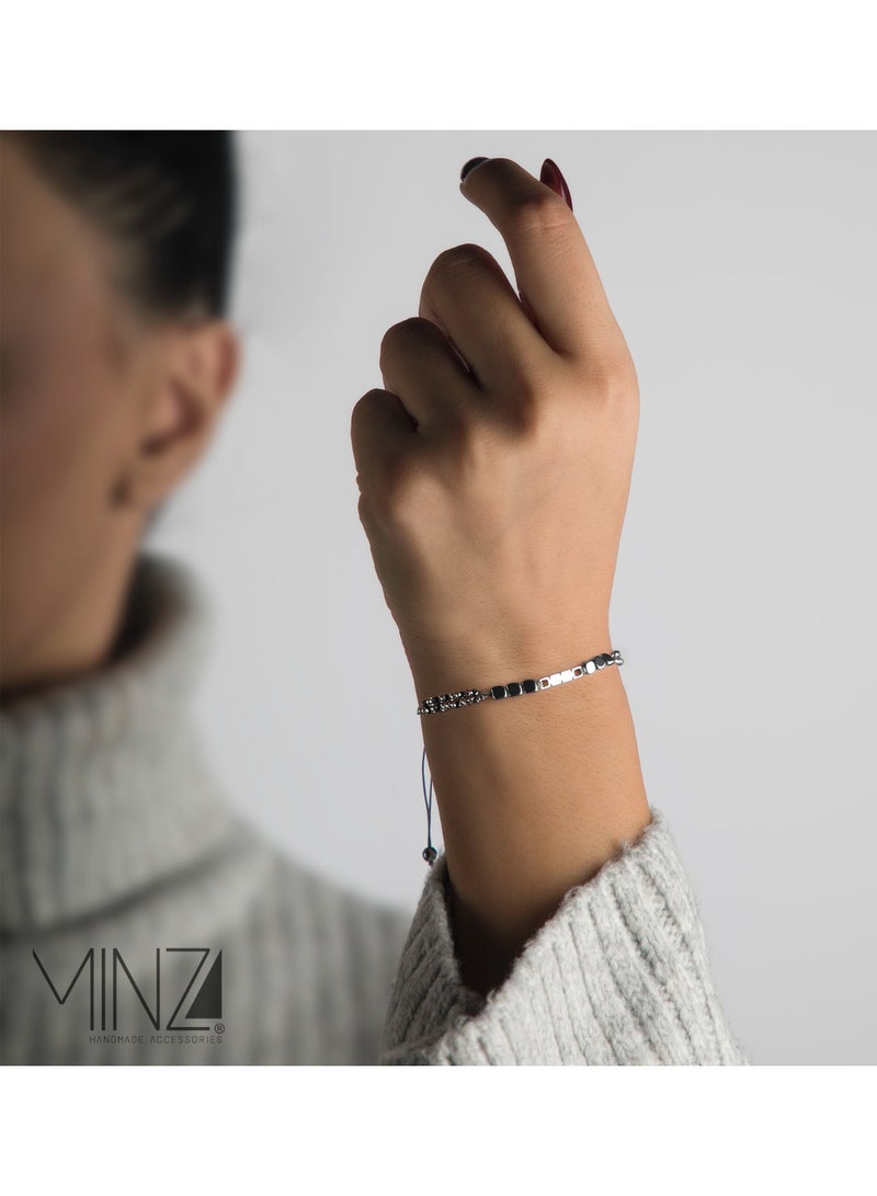 Minza “Square Stone” Women’s Bracelet, 925 Sterling Silver Square Plaque & Hematite Beads Bracelet, Czech Beads Adjustable Handmade Bracelet for Women, Jewelry for Casual & Special Occasion. - Image 2