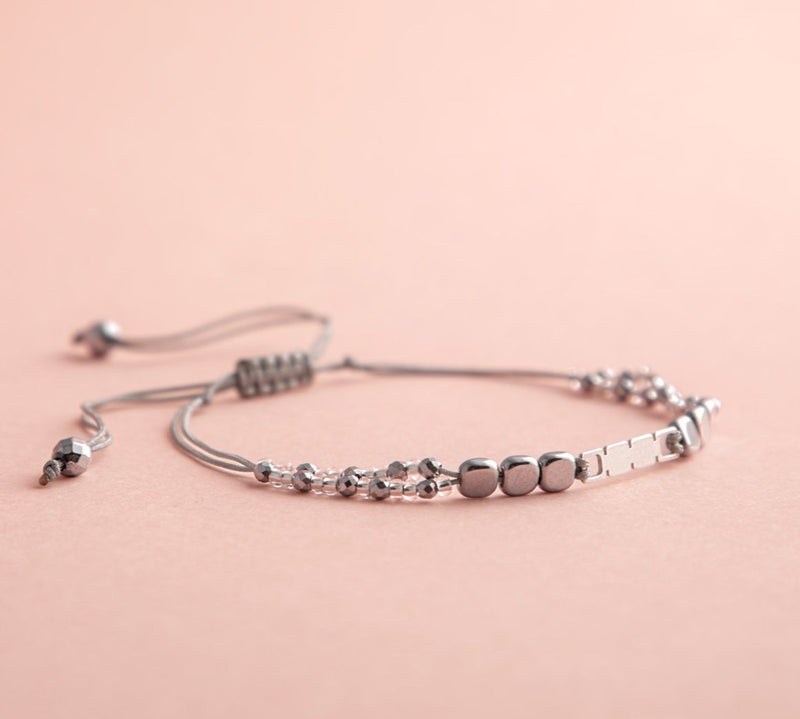 Minza “Square Stone” Women’s Bracelet, 925 Sterling Silver Square Plaque & Hematite Beads Bracelet, Czech Beads Adjustable Handmade Bracelet for Women, Jewelry for Casual & Special Occasion. - Image 5