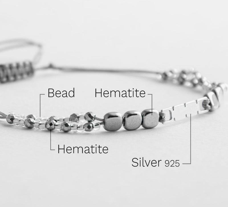 Minza “Square Stone” Women’s Bracelet, 925 Sterling Silver Square Plaque & Hematite Beads Bracelet, Czech Beads Adjustable Handmade Bracelet for Women, Jewelry for Casual & Special Occasion. - Image 4