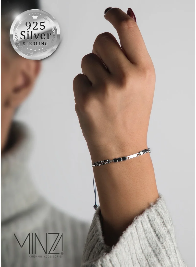 Minza “Square Stone” Women’s Bracelet, 925 Sterling Silver Square Plaque & Hematite Beads Bracelet, Czech Beads Adjustable Handmade Bracelet for Women, Jewelry for Casual & Special Occasion.