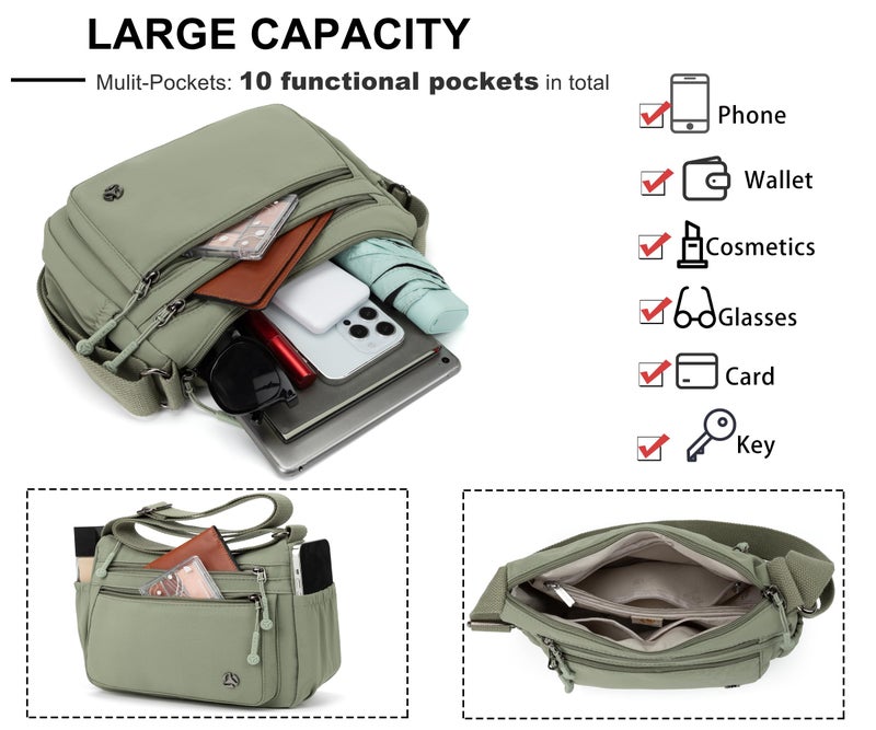 Wytidian Crossbody Bags for Women Waterproof Nylon Shoulder Bag Roomy Multiple Pockets Messenger Purses Handbags (Green) - Image 5