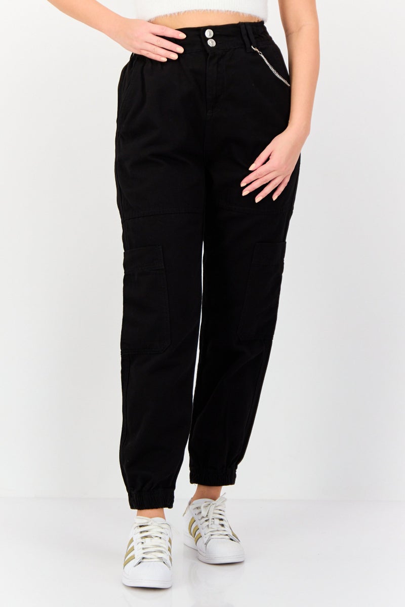 KOTON Women Regular Fit Solid Cargo Pants, Black - Image 1