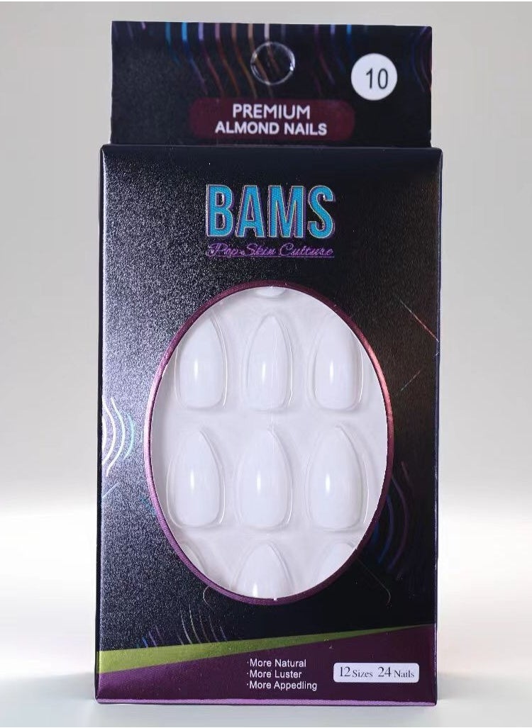 BAMS Pop Skin Culture BAMS Premium Almond Fake Nails in Lily White Shades, 12 Sizes & Easy Press-On  - Image 1