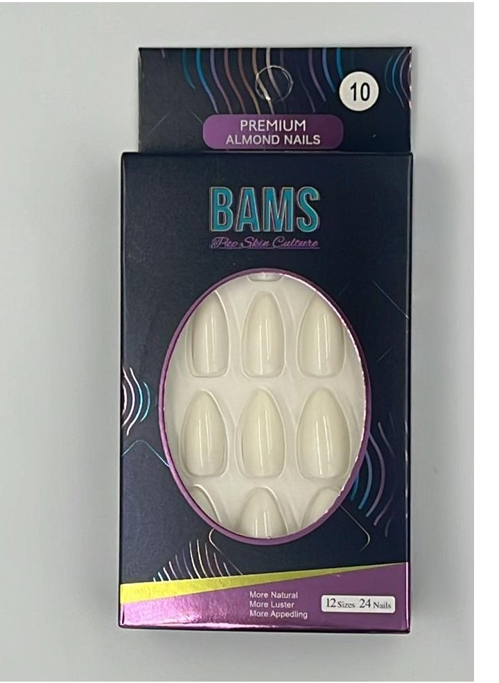 BAMS Pop Skin Culture BAMS Premium Almond Fake Nails in Lily White Shades, 12 Sizes & Easy Press-On  - Image 3