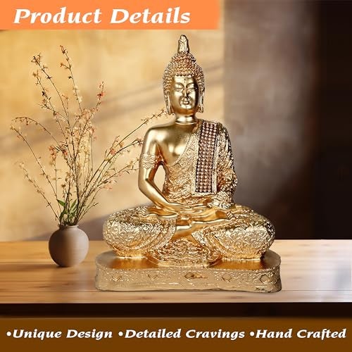 Rousrie Buddha Idol Statue for Living Room, Resin Gautam Buddha Showpiece for Home Décor (Height – 23 cm) (Full Gold) - Image 4