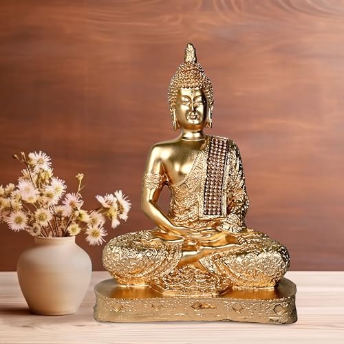 Rousrie Buddha Idol Statue for Living Room, Resin Gautam Buddha Showpiece for Home Décor (Height – 23 cm) (Full Gold) - Image 1